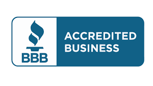 The image displays the logo of a BBB Accredited Business, featuring a torch symbol, with a blue and white color scheme, indicating trustworthiness and consumer confidence.